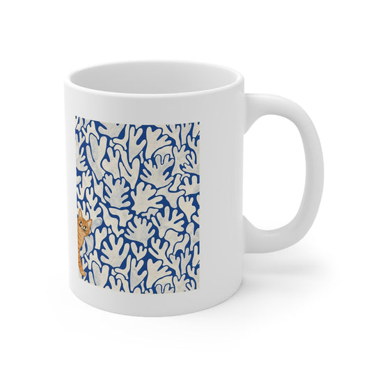 Matissee Blue Leaves Inspired Curious Cat Mug