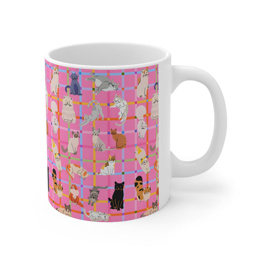 Cute Cat Graphic Mug - Pink Plaid Pattern