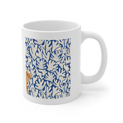 Matissee Blue Leaves Inspired Curious Cat Mug