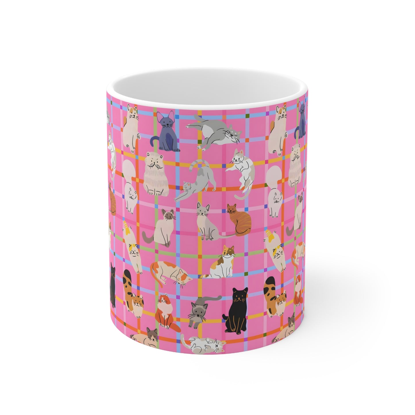Cute Cat Graphic Mug - Pink Plaid Pattern