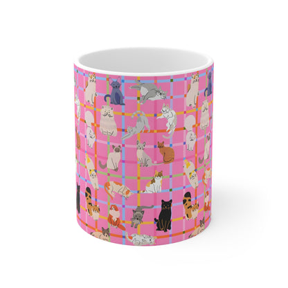 Cute Cat Graphic Mug - Pink Plaid Pattern