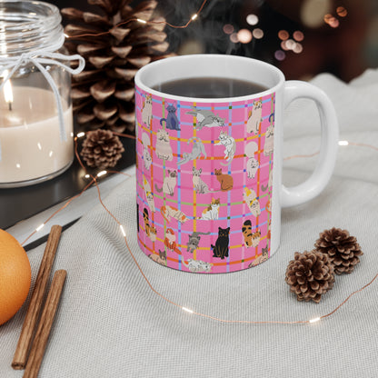 Cute Cat Graphic Mug - Pink Plaid Pattern