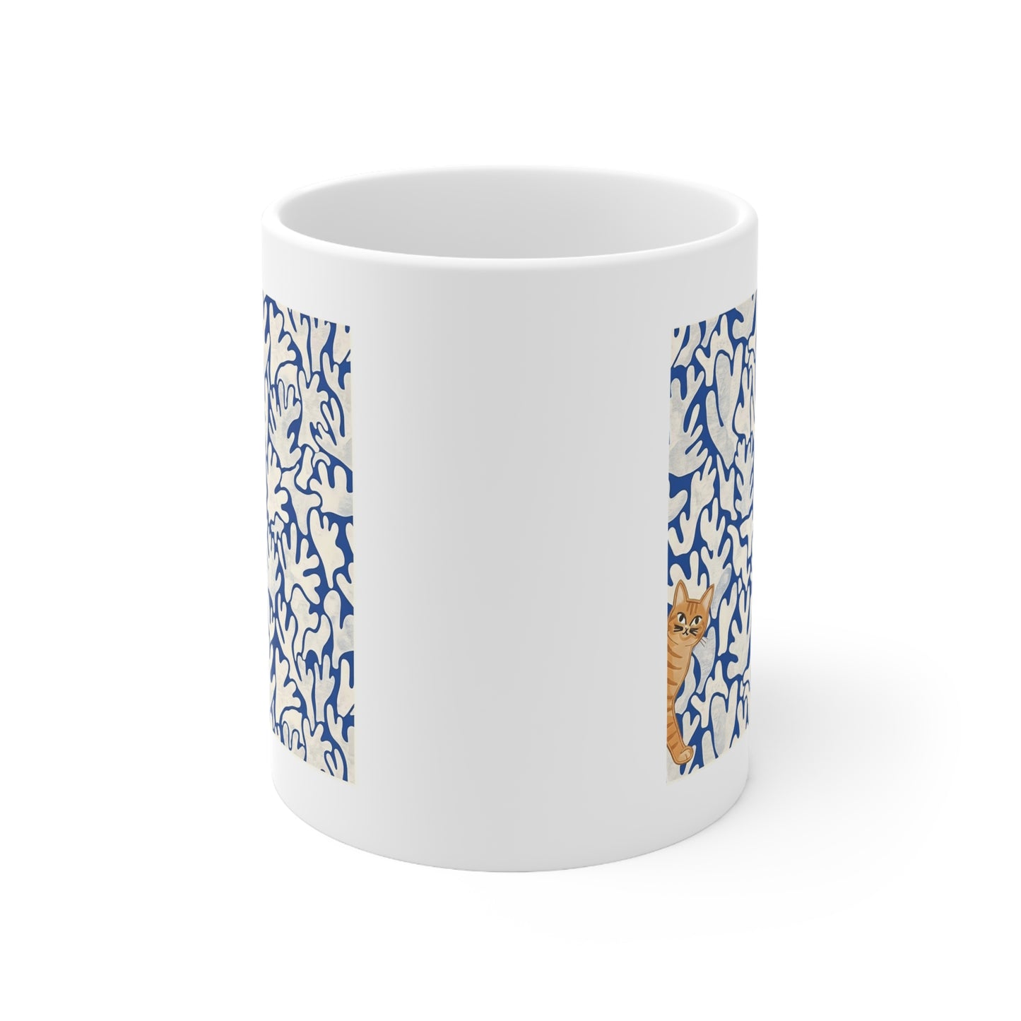 Matissee Blue Leaves Inspired Curious Cat Mug