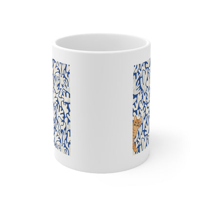 Matissee Blue Leaves Inspired Curious Cat Mug