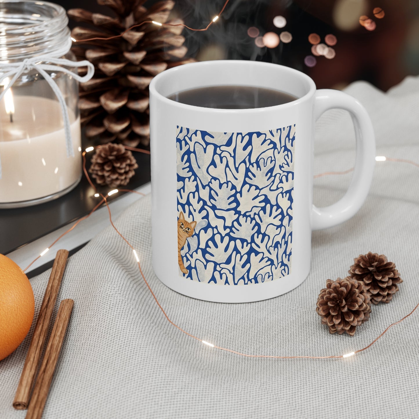 Matissee Blue Leaves Inspired Curious Cat Mug