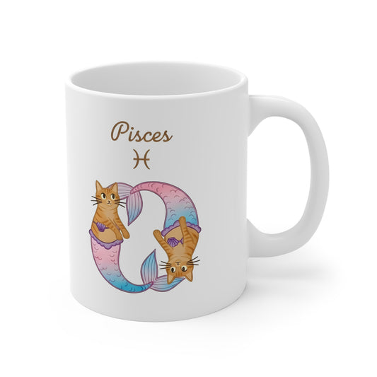 Side view of the Pisces Cat Zodiac Mug showing the classic C-handle and glossy finish.
