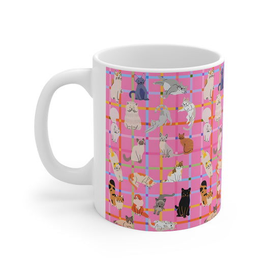 Cute Cat Graphic Mug - Pink Plaid Pattern