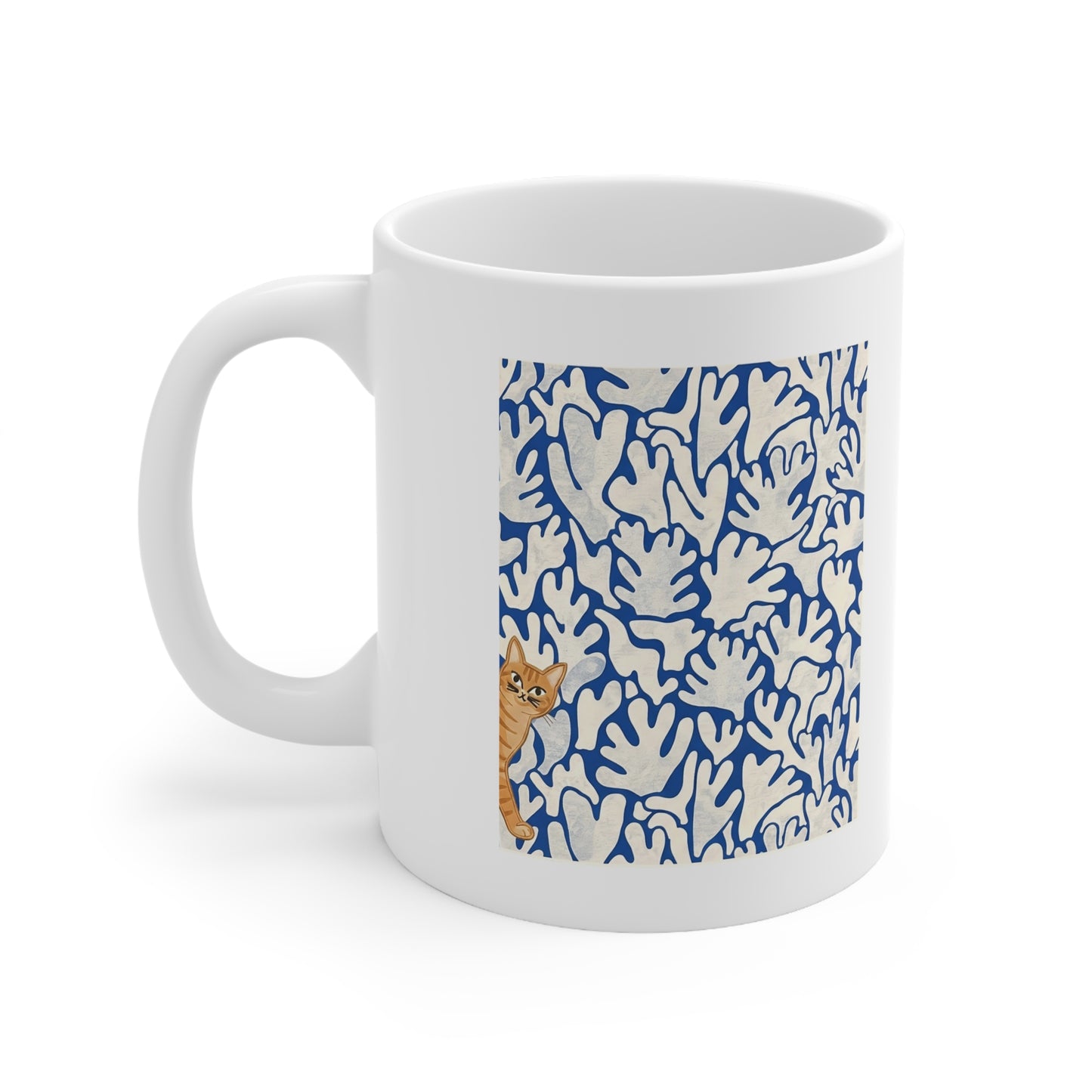 Matissee Blue Leaves Inspired Curious Cat Mug