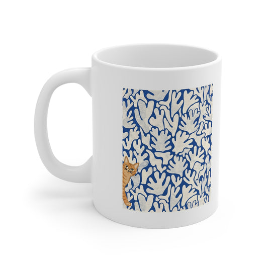 Matissee Blue Leaves Inspired Curious Cat Mug