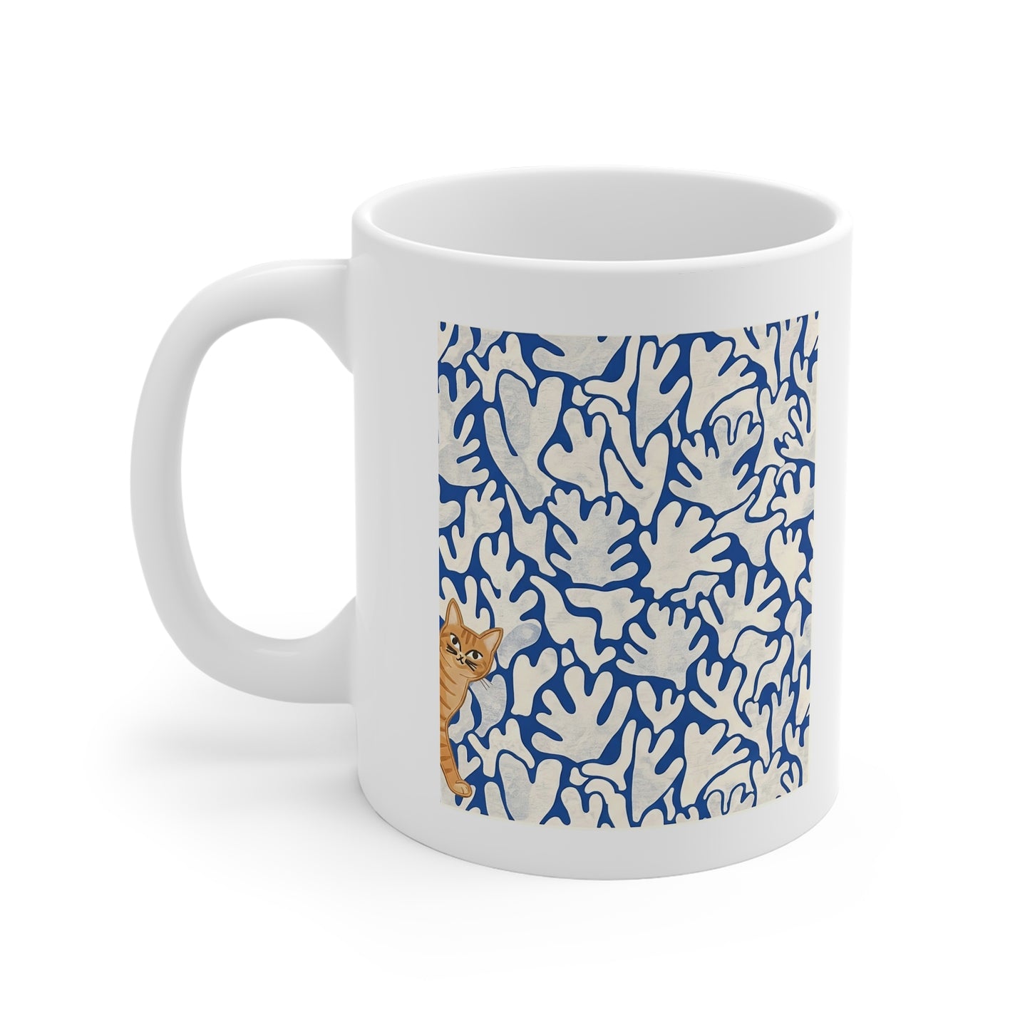 Matissee Blue Leaves Inspired Curious Cat Mug